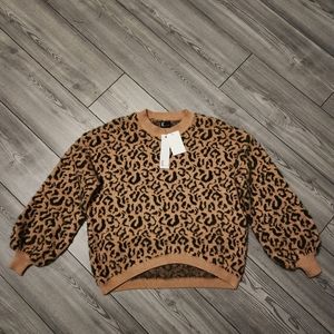 Love Token Women's Leopard Print High Low Sweater Balloon Sleeves